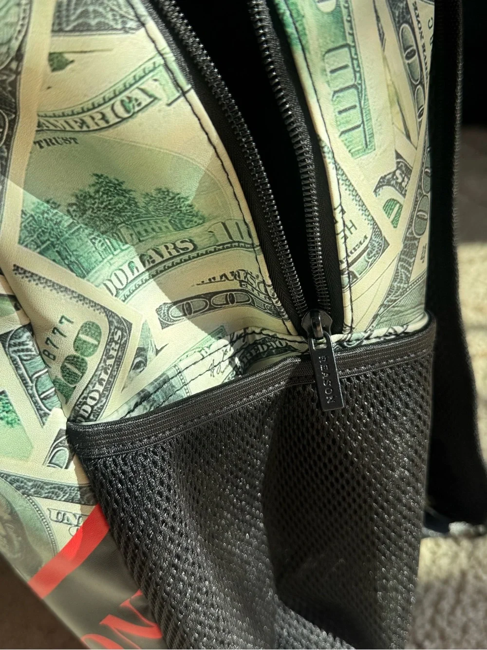 Reason Cash Only $100 Bill Money Print Backpack Black Red Green NWT